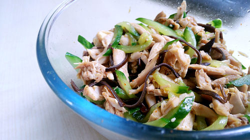 Close-up of meat salad in bowl on table