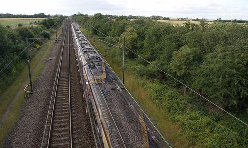 High angle view of railroad tracks against sky