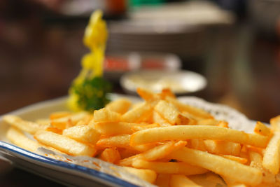 Close-up of fries in plate on table