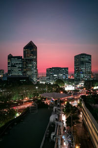 View of city lit up at night