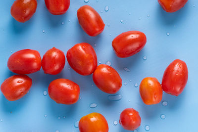 Close-up of wet tomatoes against blue background