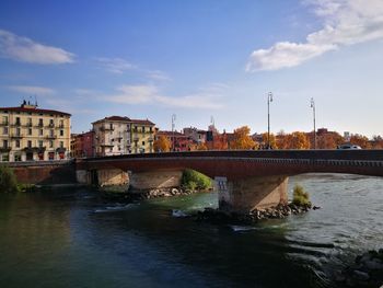 Bridge over river in city against sky