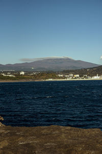 Scenic view of sea against clear blue sky