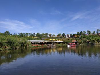 Scenic view of lake by building against sky