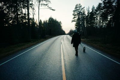 Rear view of person and dog on road