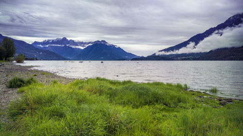 Scenic view of lake against cloudy sky