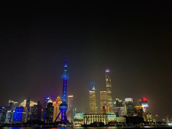 Illuminated buildings in city at night