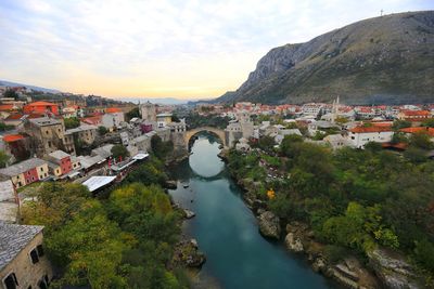 High angle view of town against sky