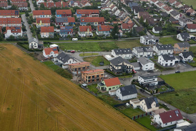 High angle view of houses in town