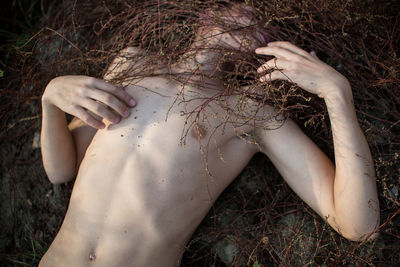 High angle view of shirtless man hiding face with dried plants while lying on field