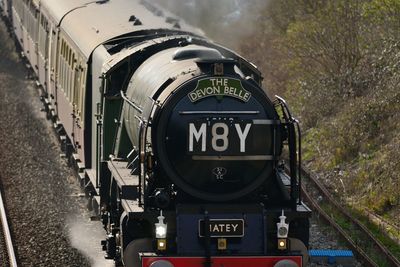 High angle view of steam train on move