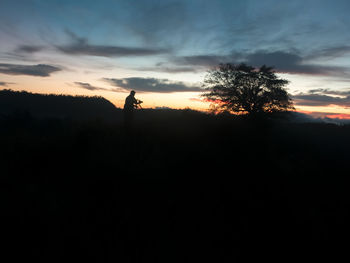 Silhouette man standing by tree against sky during sunset