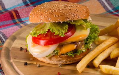 Close-up of burger on table