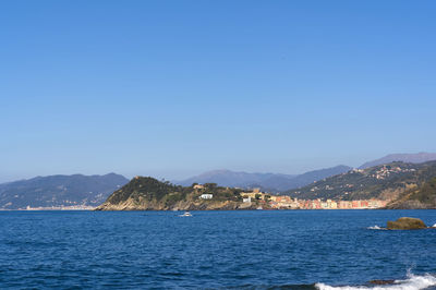 Scenic view of sea against clear blue sky