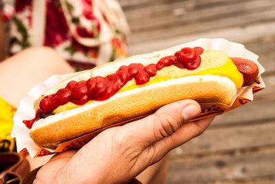 Cropped hand of person holding hot dog