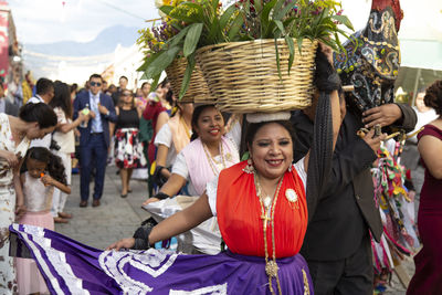 High angle view of people in basket