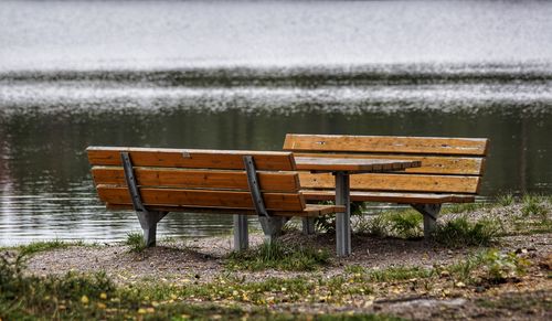 Empty bench by lake