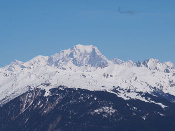 Scenic view of snowcapped mountains against clear blue sky