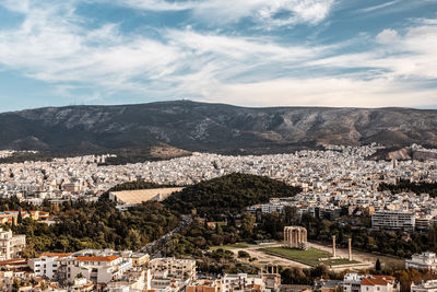 High angle shot of townscape against sky