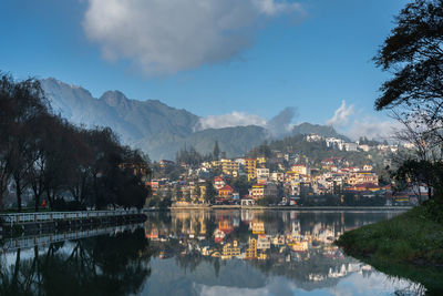 Scenic view of lake by buildings against sky