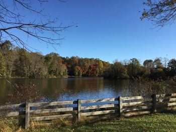 Scenic view of lake against clear blue sky