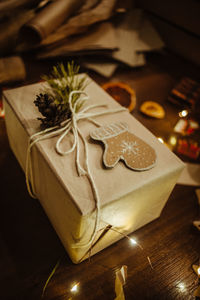 High angle view of christmas decoration on table