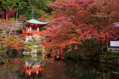 Daigo-ji or daigoji temple with autumn foliage colors during fall with pagoda reflection on pond, ky