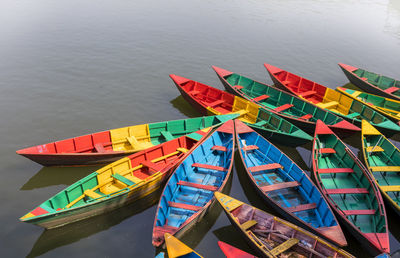 High angle view of colorful boats on lake