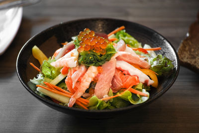 High angle view of salad in bowl on table