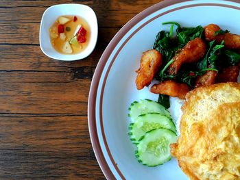 High angle view of breakfast served on table