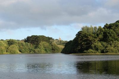 Scenic view of lake against cloudy sky