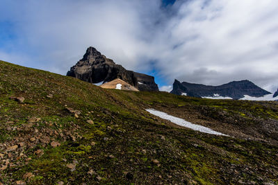 Cloud-shrouded mountains around borgarfjordur eystri in eastern iceland