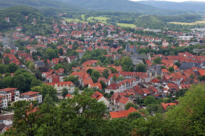 High angle view of townscape and trees in town