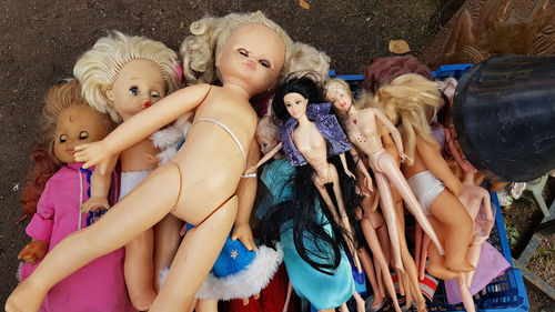 High angle view of dolls outdoors