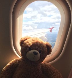 Close-up of teddy bear against airplane window