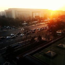 View of cityscape at sunset