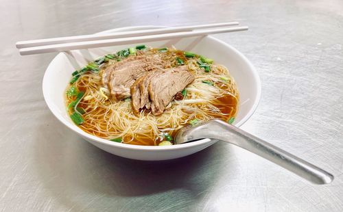 High angle view of meal served on table