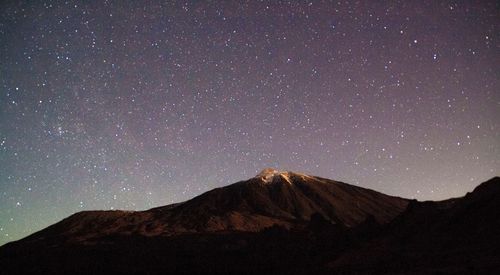 Scenic view of mountains against sky at night