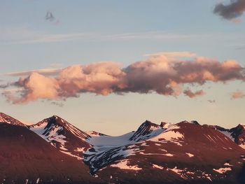 Panoramic view of snowcapped mountains against sky during sunset