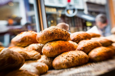 Freshly baked buns for sale at bakery