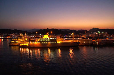 View of harbor at night