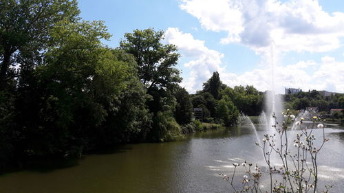 Scenic view of river with trees in background