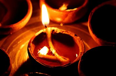 High angle view of diya burning during diwali