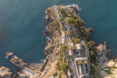 Aerial view of agricultural terrace field along the coastline near manarola, cinque terre, liguria