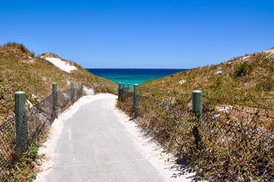 Scenic view of beach against clear blue sky