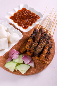 High angle view of breakfast served on table