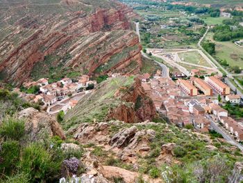 High angle view of buildings in city