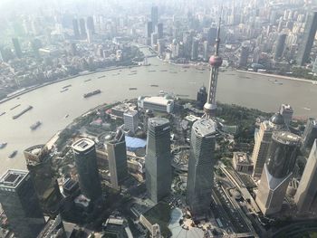 High angle view of modern buildings in city