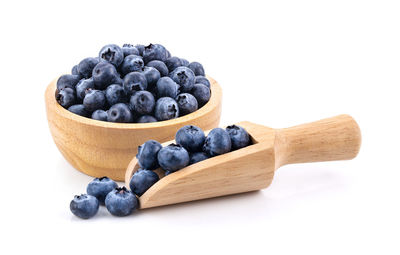 Close-up of blueberries in bowl against white background