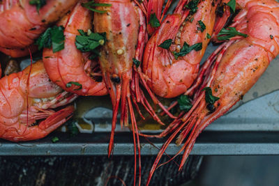 Spot prawns shrimp seafood in butter garlic parsley camping outdoors